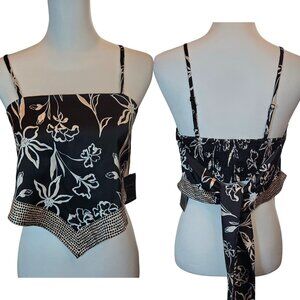 JAPNA Women's Floral Printed Faux Tie/Wrap Cropped Top Sz: M Black/Beige